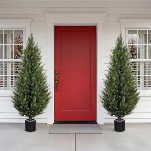 Artificial Cedar Trees 5FT Faux Cedar Topiary Evergreen Plants UV Resistant Outdoor Indoor Fake Cypress Pine Trees with Planter for Front Porch Entryway Patio Garden Home Decor Set of 2 - size: 5ft