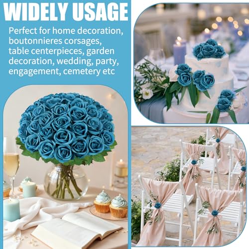 72 Pcs Artificial Roses Teal Fake Silk Roses Realistic Roses Faux Flower Indoor Wedding Home Decor, Birthday Decorations - color: Teal