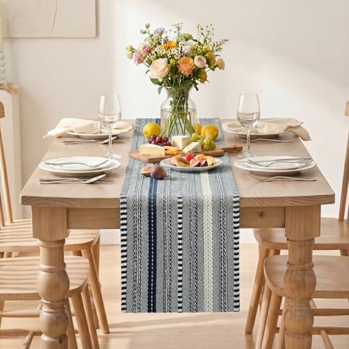 Artoid Mode Dark Blue Farmhouse Woven Table Runner, Seasonal Holiday Rustic Kitchen Dining Table Decoration for Home Party Decor 12x72 Inch - color: Dark Blue, size: 12" x 72", Table Runner