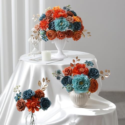 Floweroyal Artificial Flowers Fake Rose Flowers Dahlia with Stems for DIY Wedding Bridal Bouquets, Baby Shower, Floral Arrangement, Table Centerpieces, Home Decorations - color: Orange & Teal