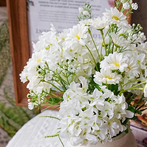 Fake Flowers with Vase for Home Decor, Faux Flowers with Paper Pulp Pot, Flower Arrangement with Silk Dahlias, Office Dining Living Room Decor, Centerpiece Table Decorations, White - color: White