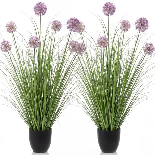 Jexine 2 Pack 4ft/47inch Artificial Grass Plant Outdoor Artificial Greenery Grass in Pot with Fake Purple Hydrangea for Spring Room Office Indoor Outdoor Decor Housewarming Gifts - color: Hydrangea, size: 4ft