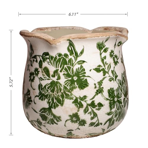Xiaan Jiaju Tuscan Ceramic Plant Pots, 6.11 Inch Vintage Planters with Drainage Hole for Indoor Plants, Farmhouse Green Scroll Vase & Flower Pots, Home Kitchen Garden Decor, Plant Lover Gifts - color: Green
