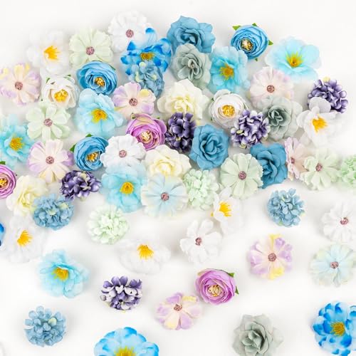 ATTGREAT Fake Flower Heads Mini Silk Flowrs Bulk Small Flower 3D Loose Faux Daisy Rose Sunflowers Plum Blossoms Craft for Wedding Party Cake Baby Shower Home Decor, 110Pcs(Blue) - color: Blue