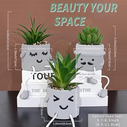 Small Fake Plants Faux Succulents in Grey Pots with Hanging Leg Potted Mini Fake Plants for Office Desk Decor Cute Artificial Succulent Plants for Home Office Desk Decor and Gift Choice - Set of 3 - color: 3set-shy