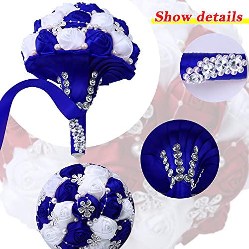 7Inch Handmade Wedding Flowers Bridal Bouquets Crystal Bride Holding Bouquet White Ivory Satin Roses with Diamond Pearl Ribbon.(bluewhite) - color: Bluewhite