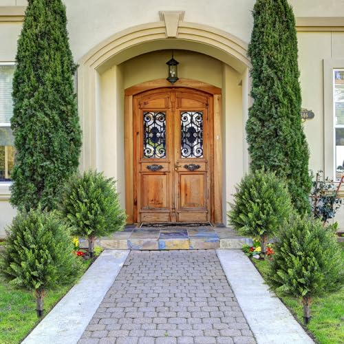 Canlierr 4 Pcs 21 Inch Artificial Cedar Topiary Ball Trees with Ground Spike, Cypress Plants UV Resistant Shrubs Fake Bushes for Outdoor Indoor Front Porch Garden Decor