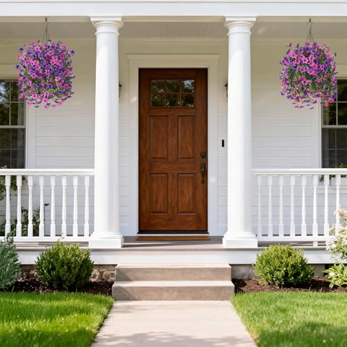 Artificial Hanging Baskets Outdoor, 4 Bundles Artificial Hanging Flowers Outdoors Spring Summer Decoration, No Fade Realistic Fake Hanging Baskets for Porch Patio Balcony Home Yard Decor - color: Double Purple