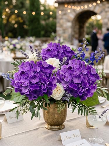3 Pcs Real Touch Purple Hydrangea Artificial Flowers - 20" Large Jumbo 3D Latex Lilac Faux Hydrangeas for Elegant Home Decor, Wedding Centerpieces, Dining Table Vase Arrangement (Purple) - color: Purple