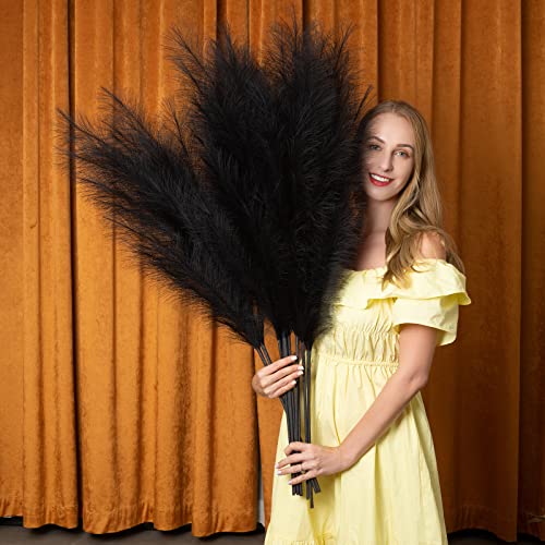 Faux Pampas Grass 6 Stems, Artificial Pampas Grass - 43 inch Total Extra Large Pompass Grass Tall Pompous Boho Flower Arrangement and Floor Vase Filler Home Decor for Room Wedding Party (Black) - color: Black