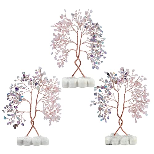 mookaitedecor Natural Rose Quartz & Fluorite Crystal Tree with Double Heart Rock Quartz Crystal Cluster Stone Base Bonsai Money Tree of Life Home Wedding Decoration - color: Pink & Multicolor