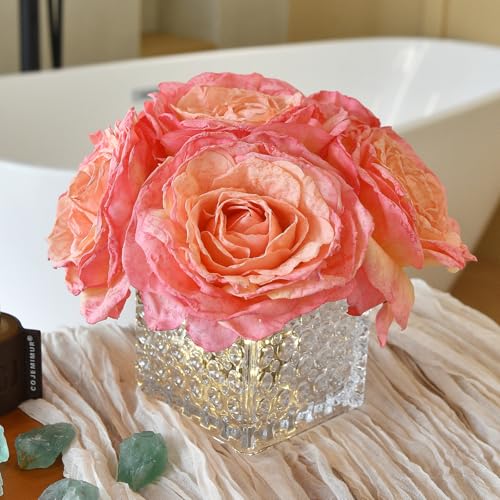 Artificial Rose in Glass Vase Vintage Silk Flower Arrangement with LED Light for Table Centerpiece Home Wedding Decoration (Coral Pink) - color: Coral Pink