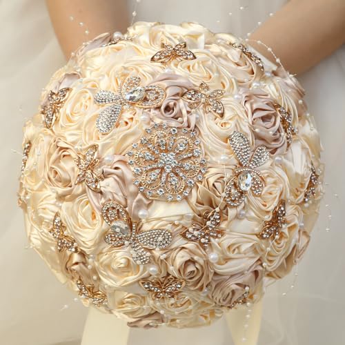 Handmade Wedding Flowers Bouquet Round Holding Bridal Bouquet Artificial Satin Roses Bunch for Bride Bridesmaid Wedding Quinceanera - color: Cream & Camel, size: Small (Dia. 7.5"/19cm)