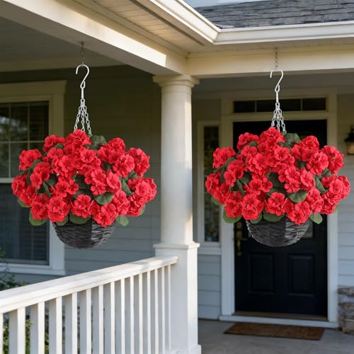 GLIDLION 2 Set Artificial Geraniums Flowers with Hanging Baskets for Outdoors - Sun Resistant Silk with Geranium Flowers, Fake Hanging Planters for Front Porch Garden Patio Home Decor (Red) - color: Red