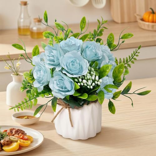 Blue Artificial Silk Roses with Ceramic Vase, No Maintenance Faux Flower Arrangement, 6.3 Inch Realistic Table Decor for Home Office Wedding - color: Blue