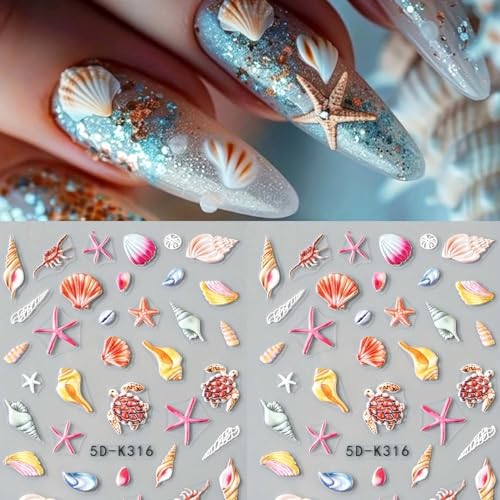 Summer Ocean Nail Decals 5D Embossed Nail Art Sticker 2PCS Beach Sea Shell Starfish Turtle Ocean Sliders Holiday Nail Stickers DIY Charms Decorations Self Adhesive Manicure Supplies - style: Style4-Summer Ocean