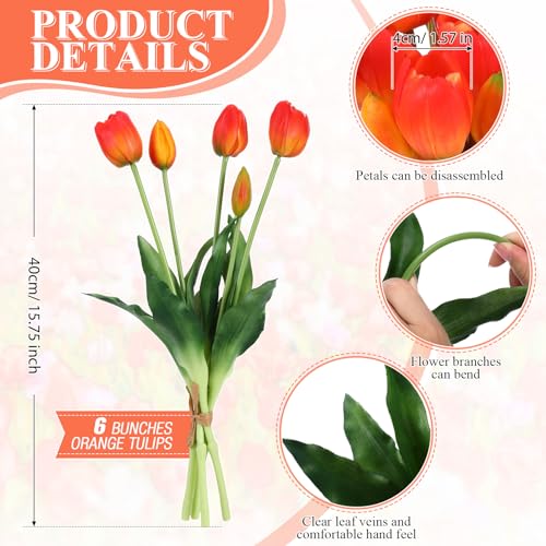Riceshoot 30 Pcs Artificial Tulips Flowers 6 Bunches Faux Tulips Bouquets Arrangements Realistic Flowers for Office Wedding Party Kitchen Decoration(Sunset Color) - color: Sunset Color