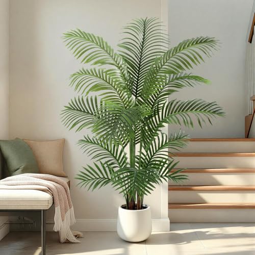 5ft Artificial Palm Tree Tall Faux Palm Tree Indoor Large Fake Plants with 15 Trunks Artificial Plants with White Pot Lifelike Leaves for Home Office Decor Living Rooms Bedrooms - color: Palm Tree 5ft