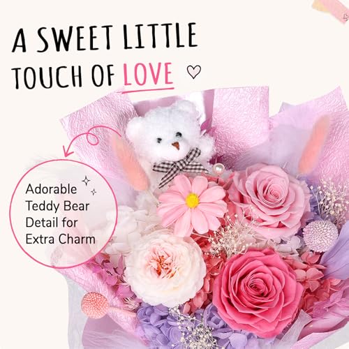 Preserved Flowers Bouquet with Bear, 3 Real Forever Flowers for Delivery, Long-Lasting Sweet Pink Eteranl Roses Bouquet, Anniversary Birthday Gifts for Women Mom Her Girlfriend Wife - color: Soft Pink