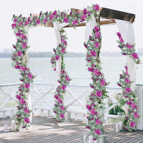 Flower Garland Rose Vine 4Pcs 28FT Artificial Floral Garland with Green Leaves Hanging Rose Vine for Wedding Party Garden Home Wall Decor (Purple) - color: Purple