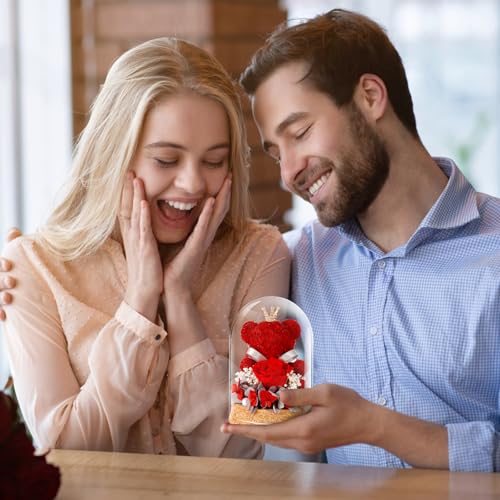 Preserved Rose Flowers Gifts for Her, Real Forever Rose in Glass Dome with Adorable Bear for Girlfriend,Mom,Wife,Grandma on Birthday Anniversary Valentine's Day (Red) - color: Red
