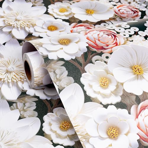 FunStick 17.5"x354" White Faux 3D Floral Peel and Stick Wallpaper Black Pink Embossed Floral Wallpaper for Bathroom Living Room Accent Wall Panels Self Adhesive Contact Paper for Walls Shelves Vinyl - size: 354" x 17.5"