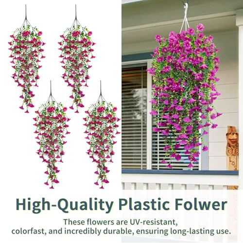 4 Pack Artificial Faux Hanging Flowers Plant for Outdoor, Fake Silk Morning Glory with Eucalyptus UV Resistant Realistic Trailing Vine for Wall Home Porch Patio Balcony Yard Indoor Decor, Rose Red - color: Rose Red