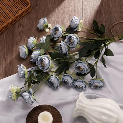 6 Pcs 32" Large Haze Blue Artificial Peonies Stems Flowers, Real Look Faux Silk Peony Bouquet 42 Heads Total for Vase Filler, Farmhouse Rustic Neutral Home Decor, Wedding Centerpieces - color: Haze Blue