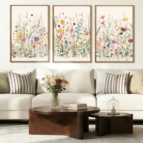 BINCUE Wildflower Wall Art Large Floral Wall Painting Neutral Print Pictures Framed Flower Wall Decor Wildflower Artwork Flowers Pictures Floral Art Prints for Living Room Bedroom Bathroom Farmhouse 24x36 Inches Set of 3 Gift - color: Wildflowers, size: 2