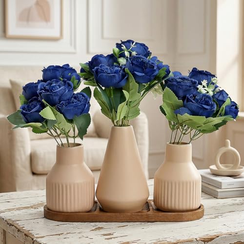 Flower Table Centerpiece - Dining Table Centerpiece Decor Set of 3 Fake Peonies in Ceramic Vases & Wood Tray Modern for Kitchen Island Living Room Coffee Table Home Decor (Royal Blue) - color: Royal Blue