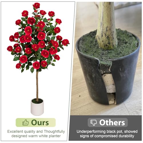 VIVATREES 5ft Artificial Camellia Tree, 60'' Tall Faux Camellia Plant with Red Flowers, UV Resistant Indoor Outdoor Fake Tree with White Planter Pot Included for Living Room Patio Decor