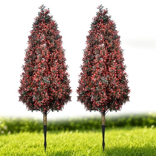 Set of 2 Topiary Trees Artificial Outdoor for Spring, 3.3FT Tall Artificial Plant Faux Shrubs Bushes with Stakes,UV Resistant Fake Boxwood Plants for Outdoor Planter,Porch, Garden, Patio,Indoor Decor - color: Red