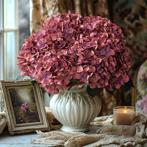Artificial Flower Fake Silk Hydrangea Heads Bouquet with Stems Bulk for Fall Decoration Table Center Christmas Indoor Outdoor Faux Floral Realistic with Leaves Plants Crafts 8PCS(Rose red) - color: Rose Red
