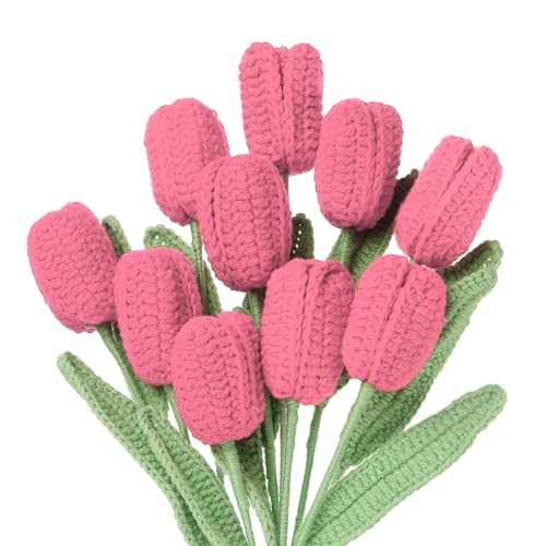 MECCANIXITY Tulip Crochet Flowers, Artificial Knitted Tulip Flower Completed Handmade Tulips Bouquet for Gift Home Birthday Wedding Decoration, Watermelon Red Pack of 10 - color: Watermelon Red