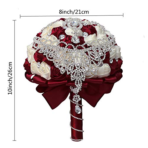 Handmade Luxury Wedding Bridal Bouquet Large Silk Rose Holding Toss Artificial Flowers Bouquets with Satin Ribbon Pearls Rhinestone for Bride Vintage Royal Wedding Bouquet (Red+Ivory) - color: Red+ivory