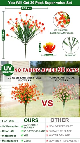 20 Bundles Artificial Flowers for Outdoors Summer Decor-UV Resistant No Fade Fake Mums Faux Plants Plastic Flowers Greenery for Home Porch Gardens Fireplace Patio Indoor Outsides Decor(Orange Red) - color: Orange Red, size: 20 Bundles