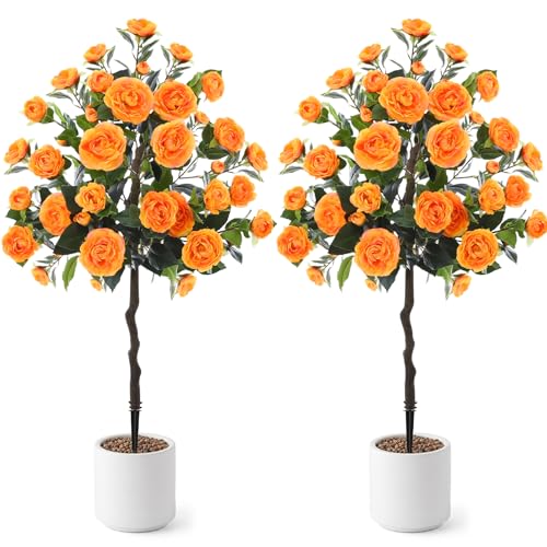 Lunmon 2 Pack 4ft Artificial Camellia Plants Tree without Vase 48" Faux Camellia Flower with Spike UV Resistant Realistic Fake Floral Blooming Bush for Outdoor Front Door Porch Backyard Garden, Orange - color: Orange, size: 4 ft