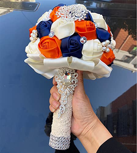 Sharebeauty 7.9 Inch Handmade Satin Rose Bridal Bouquet Toss Round Wedding Bouquet Throw Toss Artificial Flower Bunch Navy Blue + Orange + Ivory - color: W3217d13 Navy Blue/Orange/Ivory