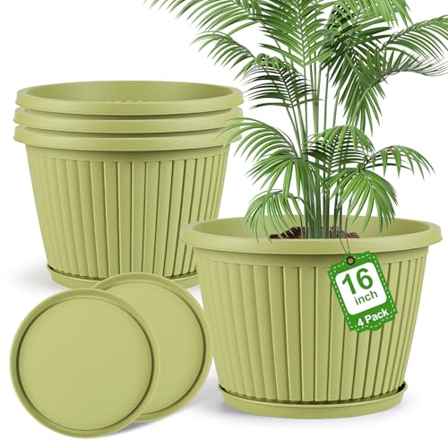 16-inch-Large-Planters-for-Outdoor-Plant，Plastic Indoor Flower Pots with Drainage Holes & Saucer，4 Packs Decorative Garden Pots for Plantfor Home Porch Decor - color: Avocado Green, size: 16 inch-4 Pack