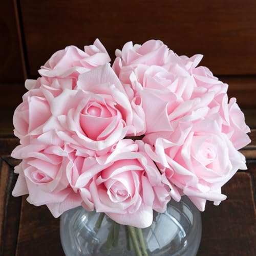 Artificial Roses-10-pcs Soft Touch Fake Flowers with Stems, Realistic Bridal Bouquet & Bulk Home Party Wedding Decor Roses - color: Light Pink 10pcs
