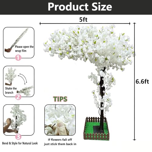 Artificial Cherry Blossom Trees Large 6.6ft,White Faux Cherry Blossom Tree,Fake Cherry Blossom Handmade Tree Indoor Outdoor for Wedding Party Restaurant Park Living Room (White, 6.6x5ft) - color: White, size: 6.6x5ft