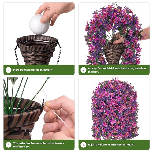 Hoppwodd Artificial Flower for Outdoors 4pcs Fake Lily Hanging Flower Baskets for Outside UV Resistant Silk Faux Long Trailing Vines for Garden Porch Patio, Fuchsia & Purple - color: Fuchsia & Purple