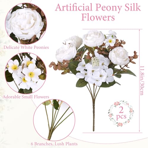 DEMIUKO 2PCS Peonies Artificial Flowers,White Faux Peony Bouquet Fake Silk Flower for Vase Faux Floral Arrangements Plastic Flowers for Farmhouse Home Kitchen Table Centerpiece Party Wedding Decor - color: White, size: 2PCS