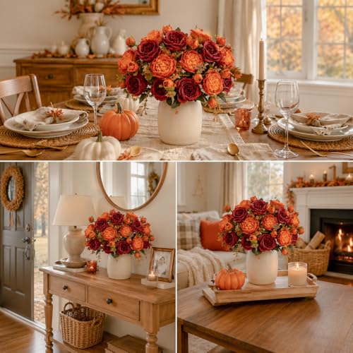 4 Bunches Peonies Artificial Flowers, Silk Burgundy Peonies Flowers Fake Bouquet Faux Floral Arrangements for Centerpiece Table Wedding Party Home Decor (4, Burgundy & Orange) - color: Burgundy & Orange
