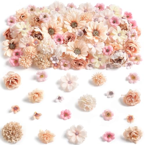 rongflower Faux Flower Heads Mini Champagne Artificial Flower Heads Fake Peony Daisy Rose Flowers Multicolor Small Silk Daisy Flower Heads for Craft Garland Wedding Party DIY Home Decoration,2-4 cm - color: Champagne