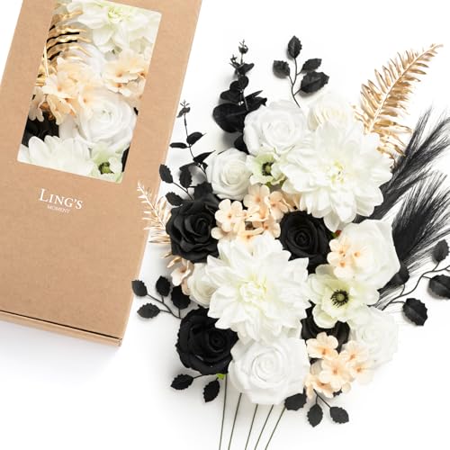 Ling's moment Fake Flowers Box, Faux Artificial Greenery Stems Foam Roses Silk Dahlia Hydrangea Eucalyptus Fabic Flower for Centerpieces Bouquet Wedding Vase, White & Black & Golden, Deluxe Combo - color: Wht-white & Black & Golden, size: Deluxe