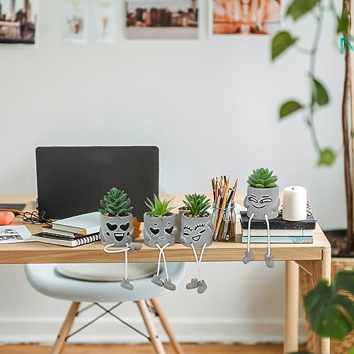 4 Pack Artificial potted Succulent Plants with Hanging Legs, Fake Mini Succulents in Pots, Faux Small Plants for Office Desk, Kitchen, Bathroom, Home Shelf Decor, Funny Office & Home Decor Accents - color: 4small-smile-green