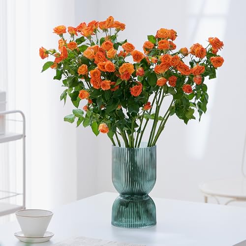 7.5 inch Vase for Flowers, Teal Ribbed Thickened Glass Vases, Hourglass Bud Flower Vase for Bookshelf, Dinner Table, Indoor Office Desktop, Meeting Room, Bathroom, Home Decor, Christmas Decoration - color: Teal, size: 7.5 inch