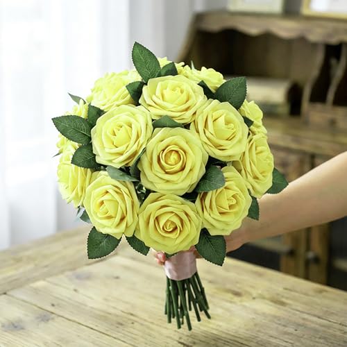 30pcs Real Looking Yellow Foam Artificial Roses with Stems, Fake Rose Flowers for DIY Wedding Bouquets Bridal Shower Centerpieces Home Party Tables Valentine's Day Mother's Day Decor Gift - color: 30pcs Yellow