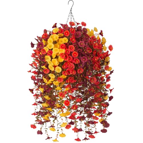 INXUGAO 12 PCS Fall Artificial Flowers Fake Plants with Hanging Basket | Realistic Silk Morning Glory Petunia Long Vines for Outdoor Garden Patio Front Porch Decor - color: Brown Orange Yellow